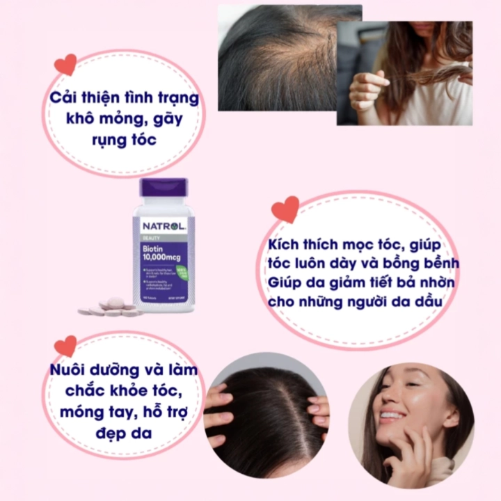 Biotin Natrol 10000mcg hỗ trợ tóc khỏe, da đẹp, móng chắc từ bên trong