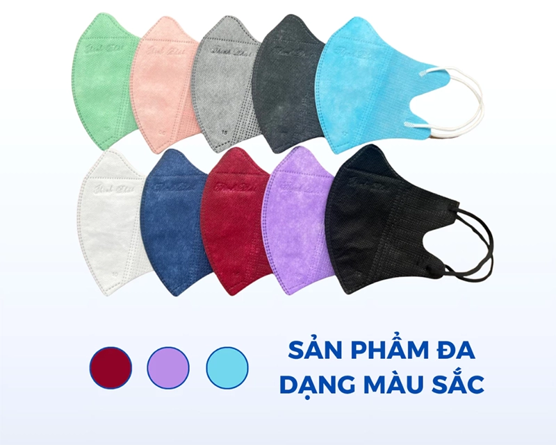 Khẩu trang Thịnh Phát 5D với các màu sắc: trắng, đen, xám, hồng, tím