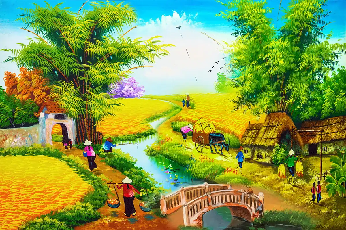 Tranh vẽ làng quê Việt Nam yên bình với cánh đồng lúa chín, người gánh hàng, xe bò và cây tre xanh