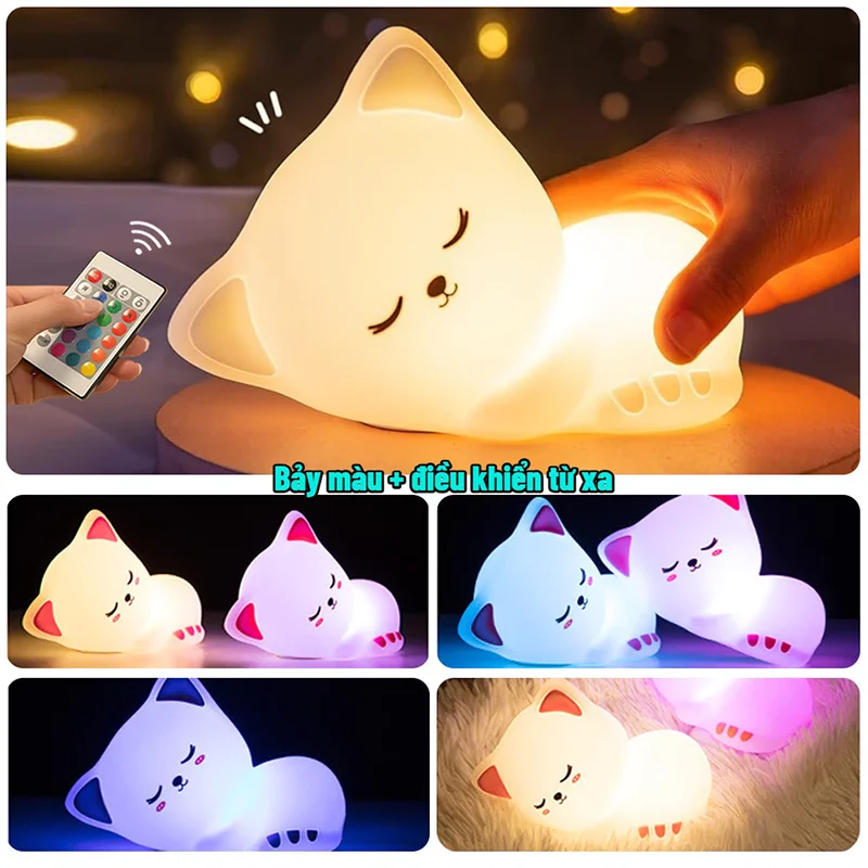 Đèn ngủ hình mèo silicon đổi màu dễ thương, cảm ứng nhẹ