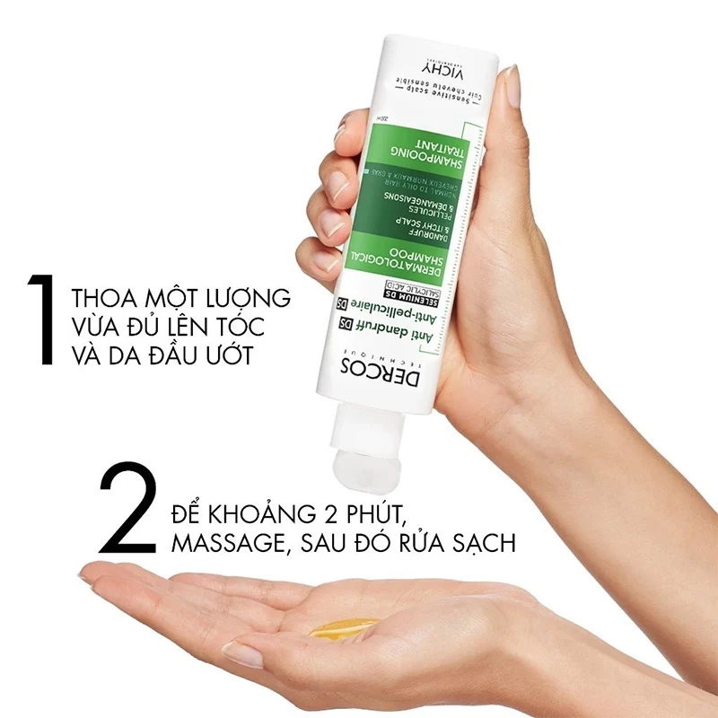 Hướng dẫn sử dụng dầu gội Vichy Dercos trị gàu – thoa, massage và rửa sạch