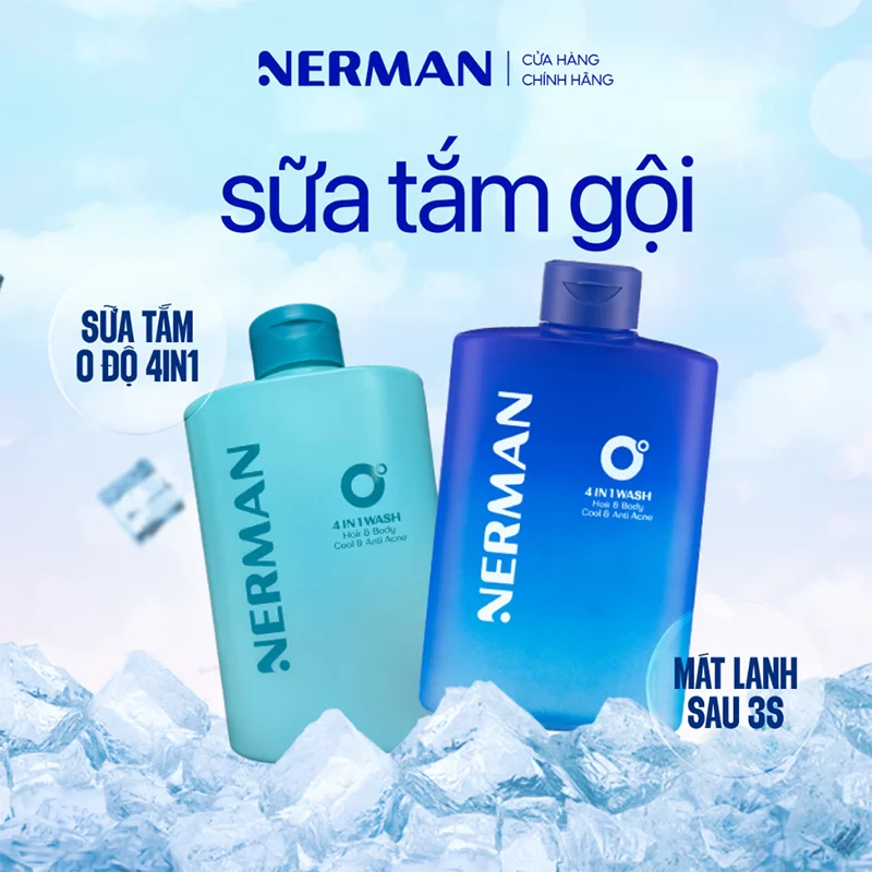 Sữa tắm gội toàn thân Nerman 4 trong 1 cho nam trị mụn lưng, làm mát và lưu hương lâu