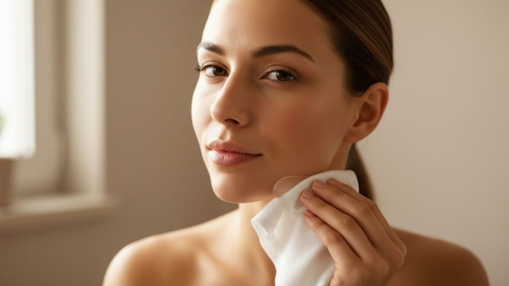 Người phụ nữ đang chăm sóc da sau khi xông, dùng bông tẩy trang lau sạch hoặc dùng đá lạnh để se khít lỗ chân lông.