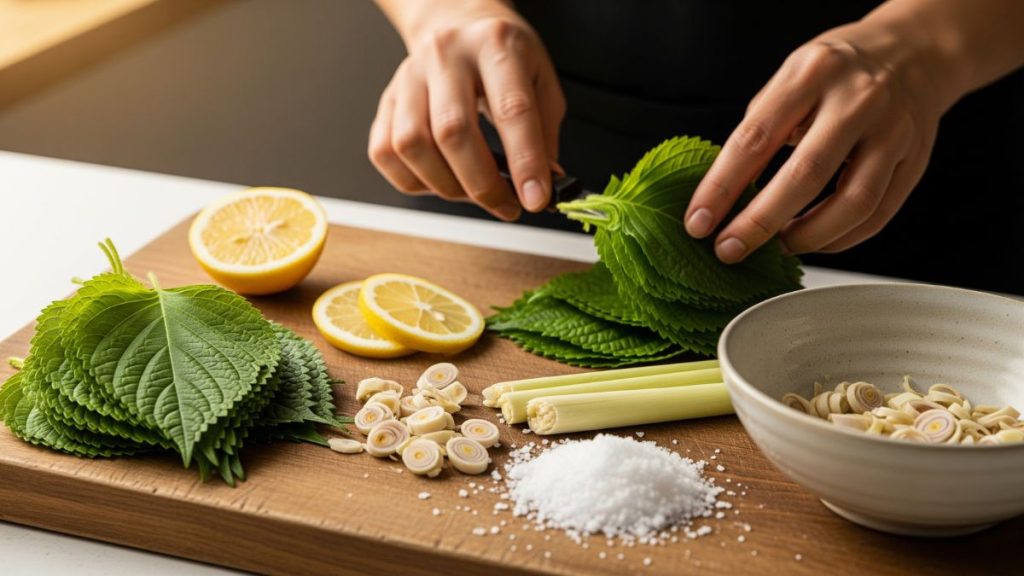 Hình ảnh các nguyên liệu cần chuẩn bị để xông mặt bằng lá tía tô: lá tía tô tươi, lát chanh, củ sả và muối hạt.