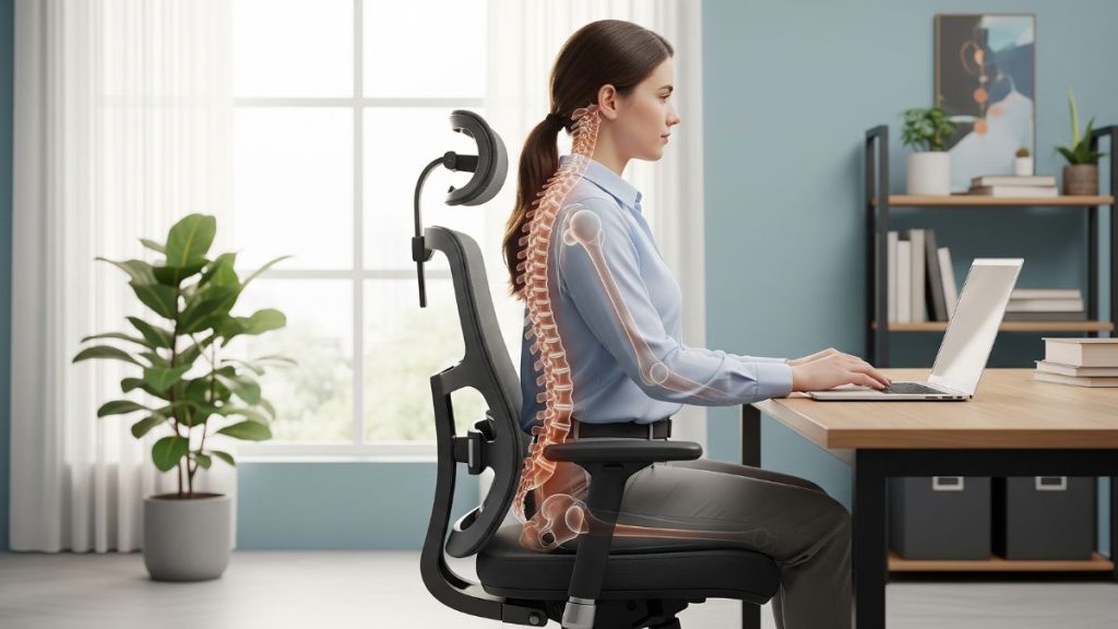 Minh họa tư thế ngồi đúng trên ghế công thái học, với cột sống thẳng và được nâng đỡ bởi tựa lưng cong.