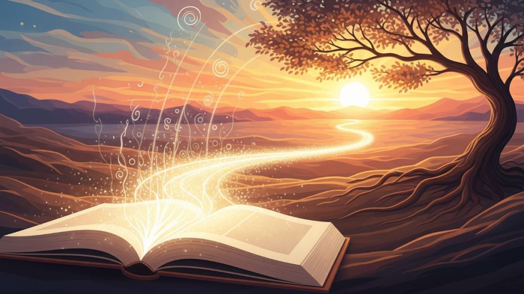 Một cuốn sách mở với con đường ánh sáng dẫn đến một phong cảnh yên bình, tượng trưng cho hành trình tìm kiếm ý nghĩa cuộc sống qua sách.