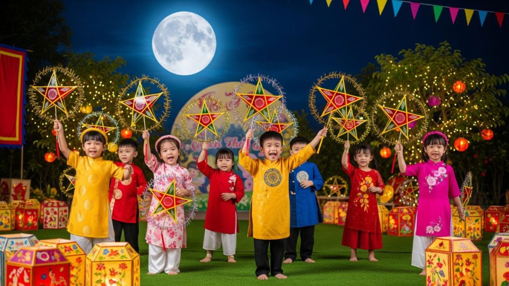 Các bé mầm non mặc trang phục truyền thống, múa hát vui vẻ trong đêm Trung thu với đèn lồng và trăng rằm.