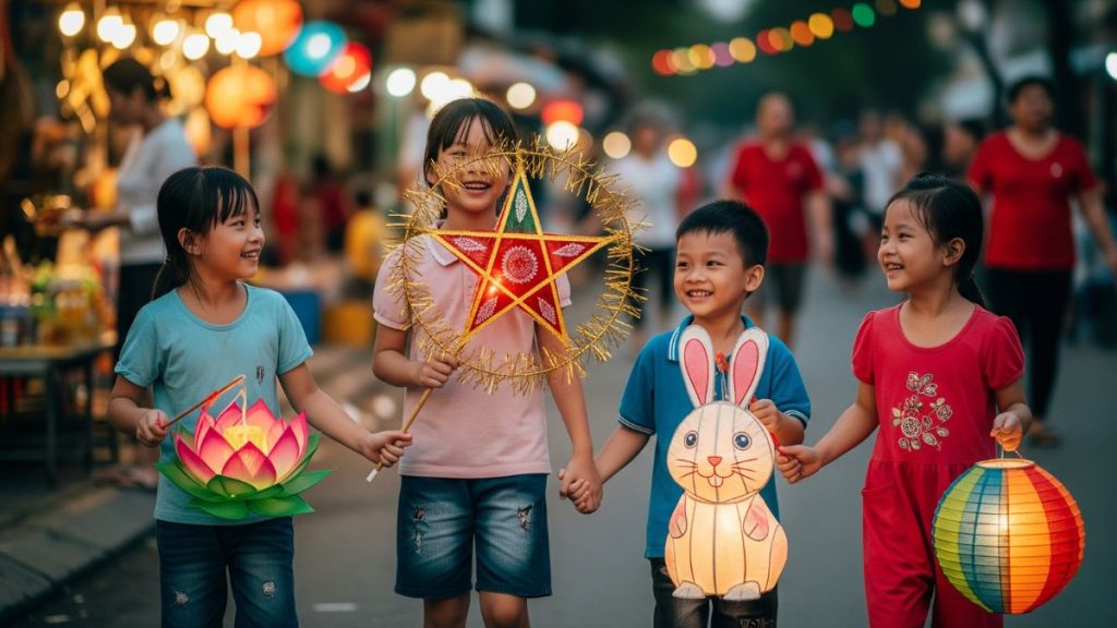 Hình ảnh trẻ em Việt Nam rước đèn lồng trong đêm Trung Thu