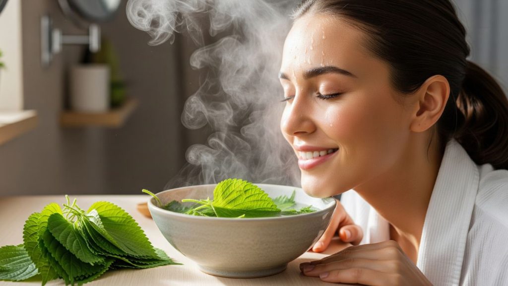 Người phụ nữ đang xông mặt bằng lá tía tô để chăm sóc da, làn da rạng rỡ và tươi tắn sau khi xông.