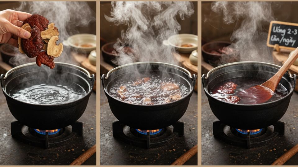 Đun nấm lim xanh trong nồi nước