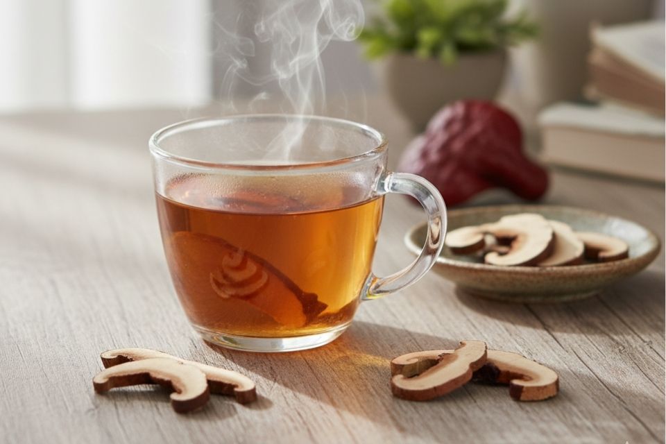 Ly trà nấm lim xanh nóng bốc khói