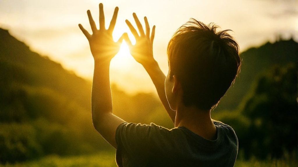 Bàn tay người trẻ đón ánh nắng, tượng trưng cho sự nhiệt huyết và hy vọng.