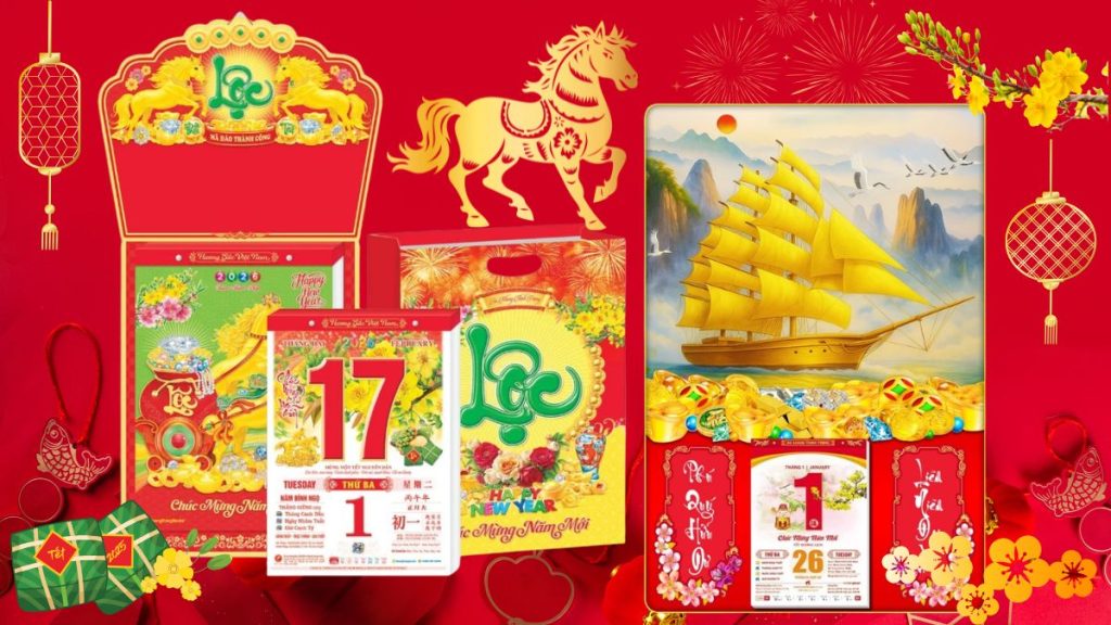 Bộ lịch treo tường 2026 chủ đề Mã Đáo Thành Công và Thuận Buồm Xuôi Gió với thiết kế sắc đỏ vàng may mắn, hình ảnh ngựa và thuyền vàng phong thủy chào đón năm Bính Ngọ.