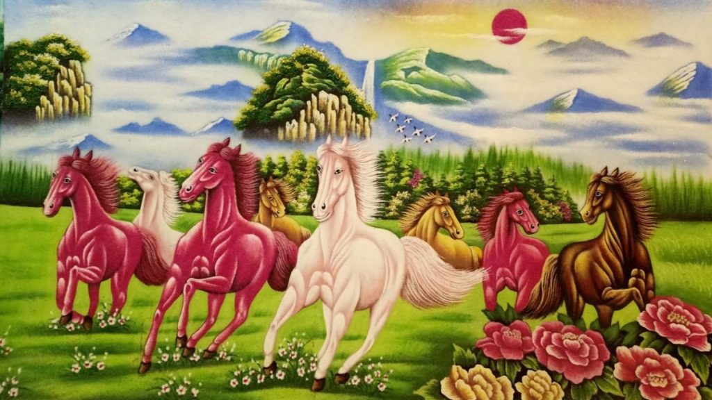 Hình ảnh cận cảnh 8 chú ngựa Mã Đáo phi nhanh, nhấn mạnh ý nghĩa số 8 (Phát) trong phong thủy, đại diện cho tài lộc.