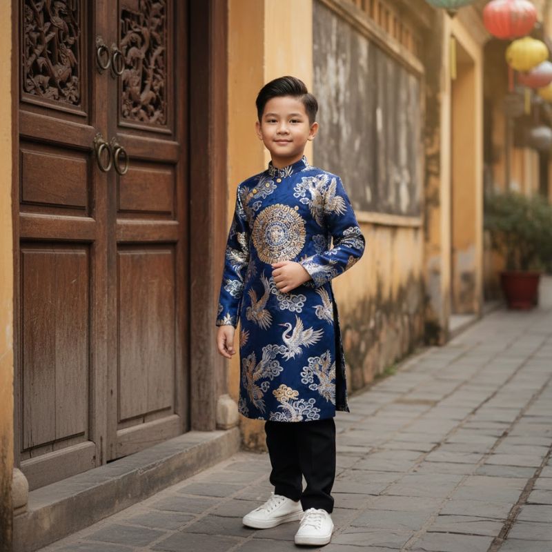 Bé trai mặc áo dài gấm màu xanh dương họa tiết đồng tiền
