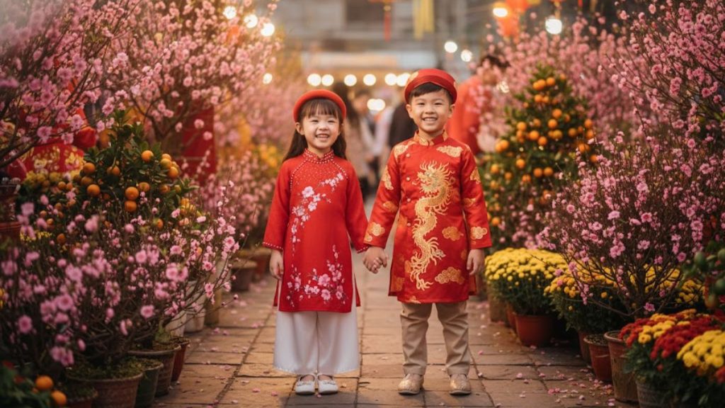 Hai bé trai và bé gái mặc áo dài cách tân rạng rỡ đón Tết
