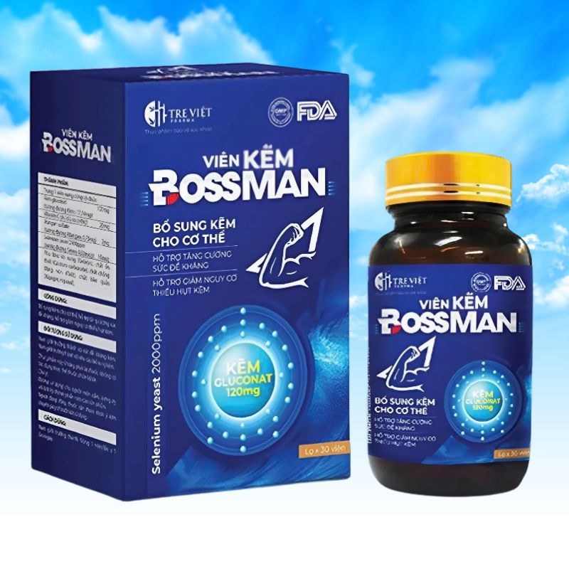 công dụng của kẽm Boss Man gồm trị mụn, giảm rụng tóc và tăng cường thể lực