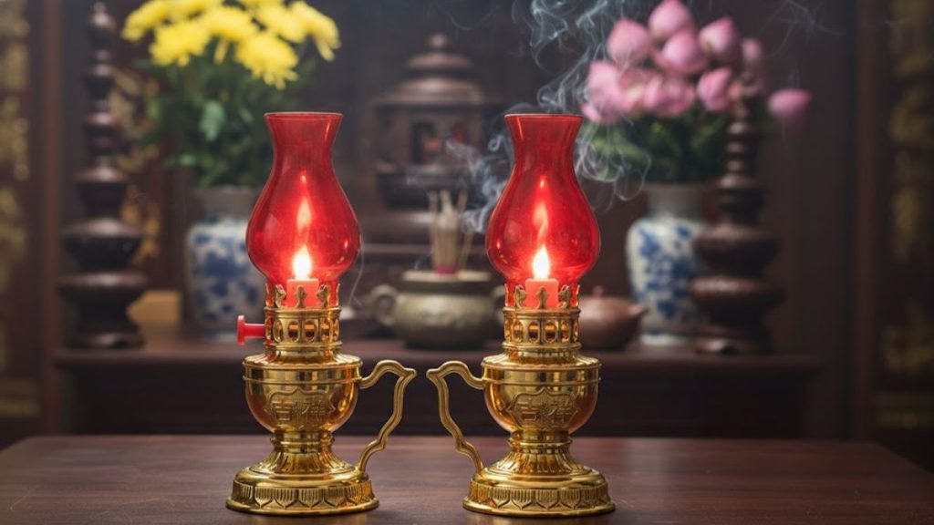Cặp đèn thờ vĩnh cửu chạy pin mẫu mã vàng cao cấp đặt trên bàn thờ gia tiên