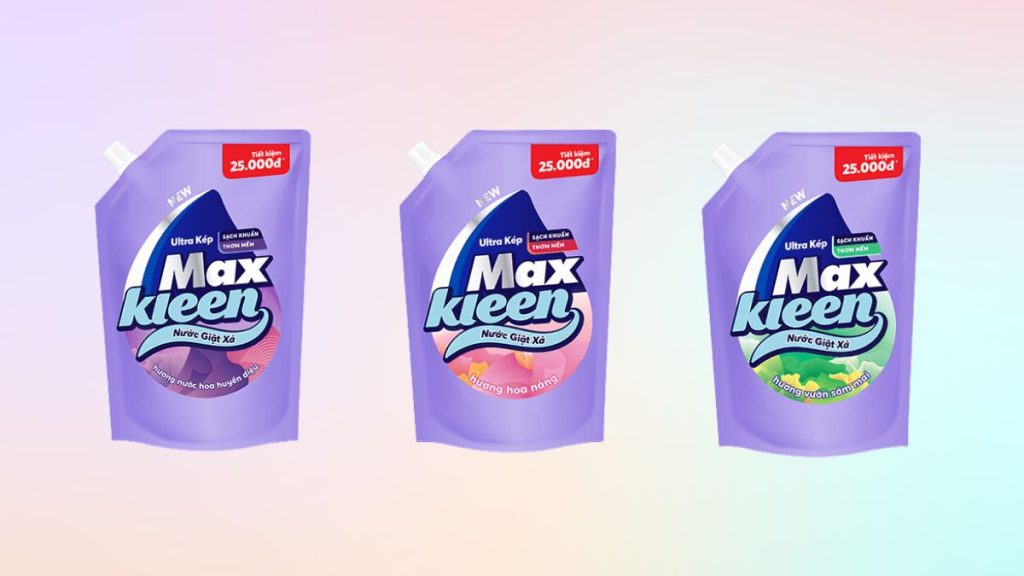 Ba loại túi nước giặt xả Maxkleen hương Nước hoa huyền diệu, hương Hoa nắng và hương Vườn sớm mai