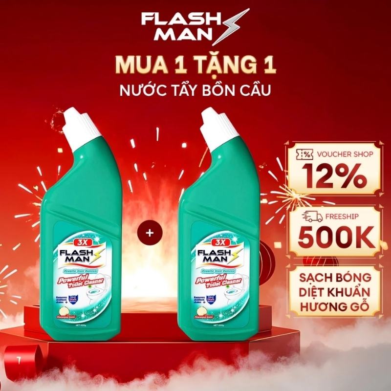 Nước tẩy bồn cầu Flashman diệt khuẩn 99.9% ưu đãi mua 1 tặng 1