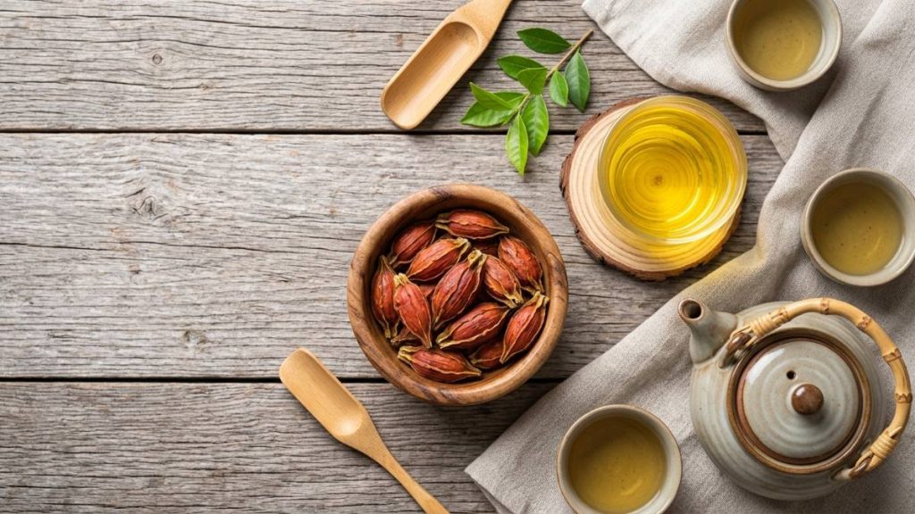 Tách trà hoa dành dành và quả dành dành khô